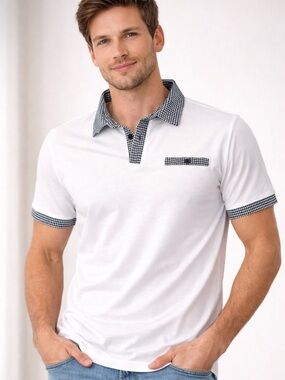 Men's White Polo Shirt with Black Check Trim